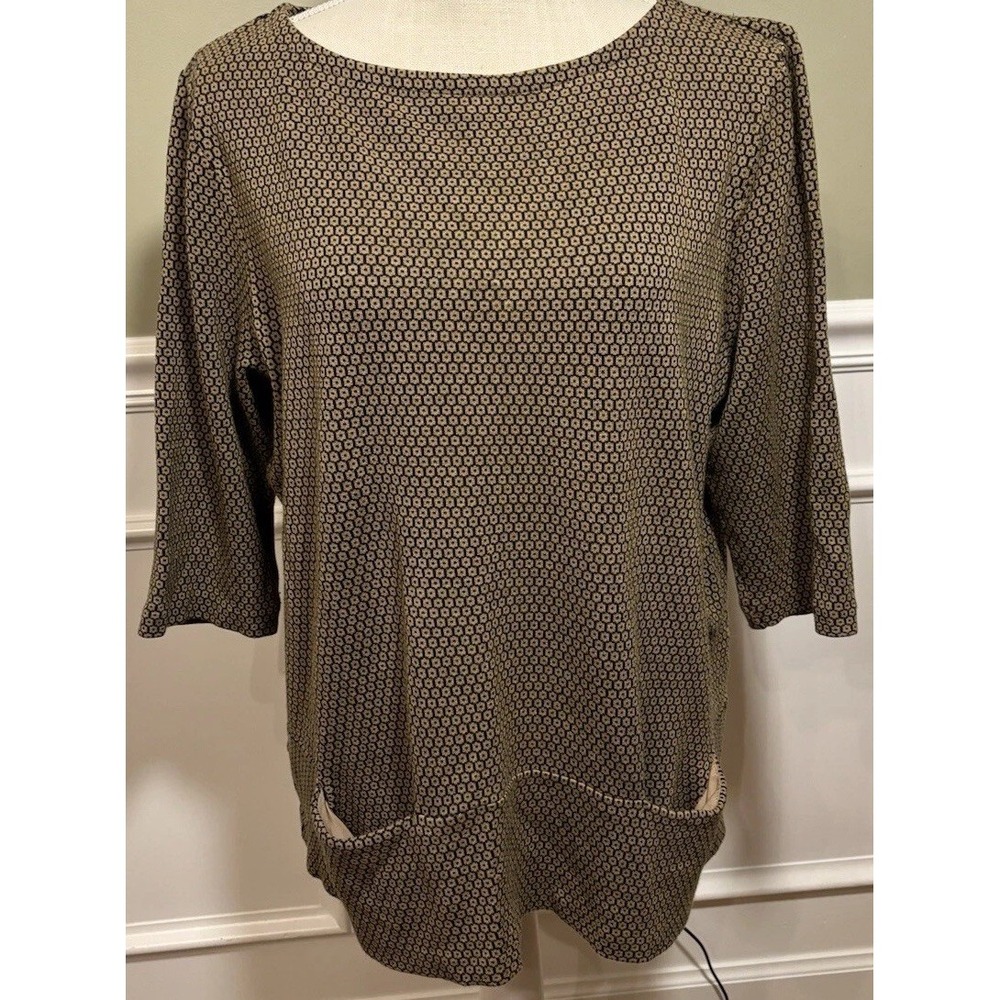 J.‎ Jill Honeycomb Geometric Boatneck Tunic Top Tan Black 3/4 Sleeve Pockets
